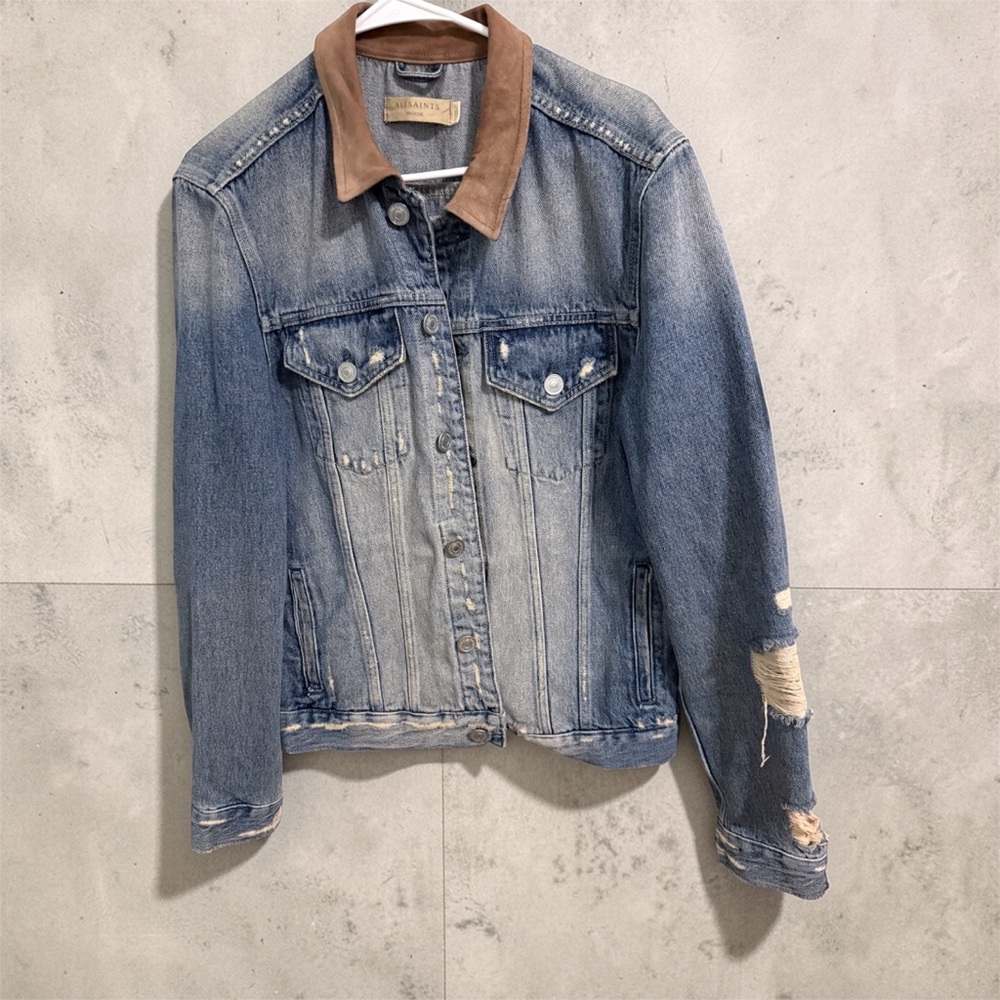 AllSaints Blue Denim Jacket with Brown Suede Collar